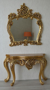 Wooden Twist Hand Carved Solid Teak Wood Console Table With Mirror ( Golden ) - WoodenTwist